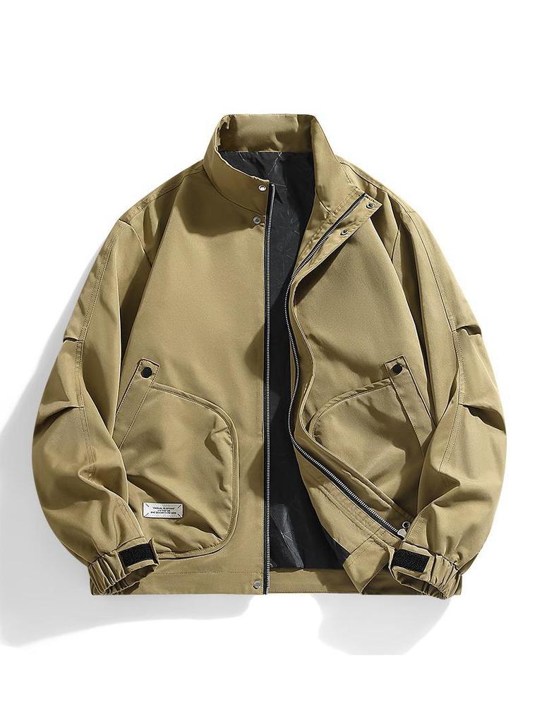 2025 Men's Stand-Collar Solid Color Jacket: Hong Kong Style, Casual Plus Size, Thin Military-Industrial Coat