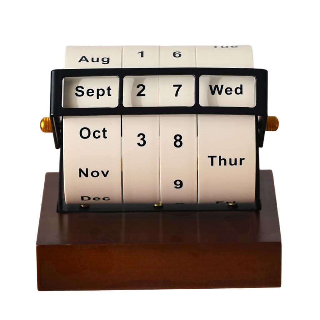 Rotary Calendar Desk Calendar Wood Wheeling Calendar Month Week Day Date Display for Home and Office