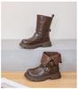 Retro Buckle Maillard Martin Leather Mid-Calf Boots for Girls - Foldable Shaft, Perfect for Travel