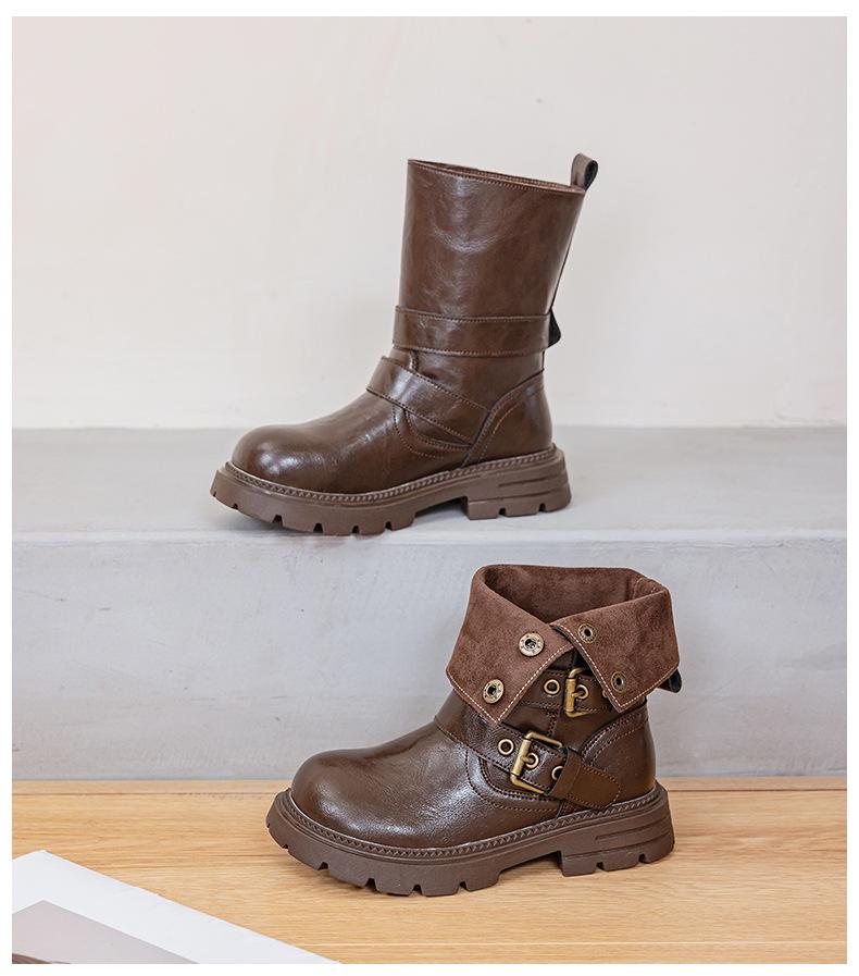 Retro Buckle Maillard Martin Leather Mid-Calf Boots for Girls - Foldable Shaft, Perfect for Travel