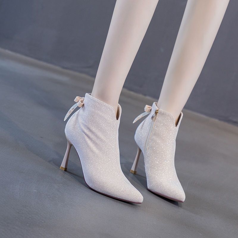 Women's Heeled Ankle Boots with Bow Back Detail,New Stiletto Martin Boots Pointed Toe Slimming Boots