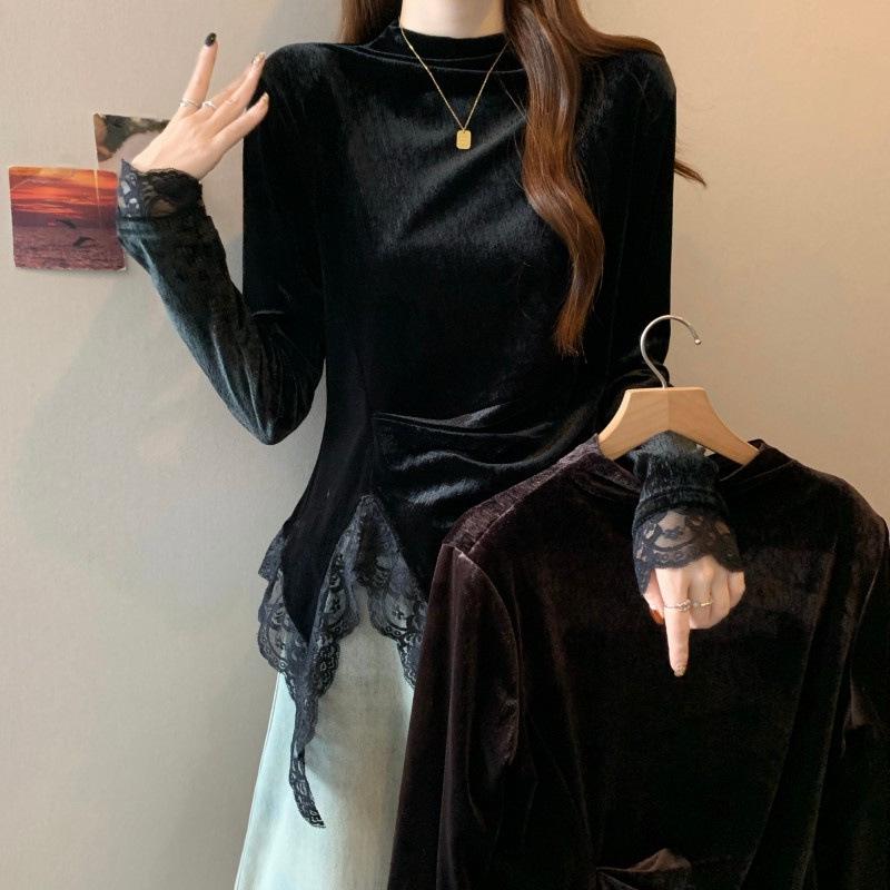 

Plus Size Women s Velvet Lace Patchwork Slim Fit Long Sleeve Top 4XL чорний
