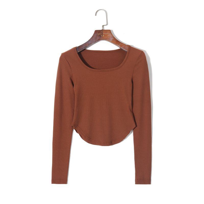 

2025 Women s Spring Clothing K-style Minimalist Pure Color round Neck Pullover Long Sleeves Silm Stretch Plaid Easiest for Match T-shirt Curry M