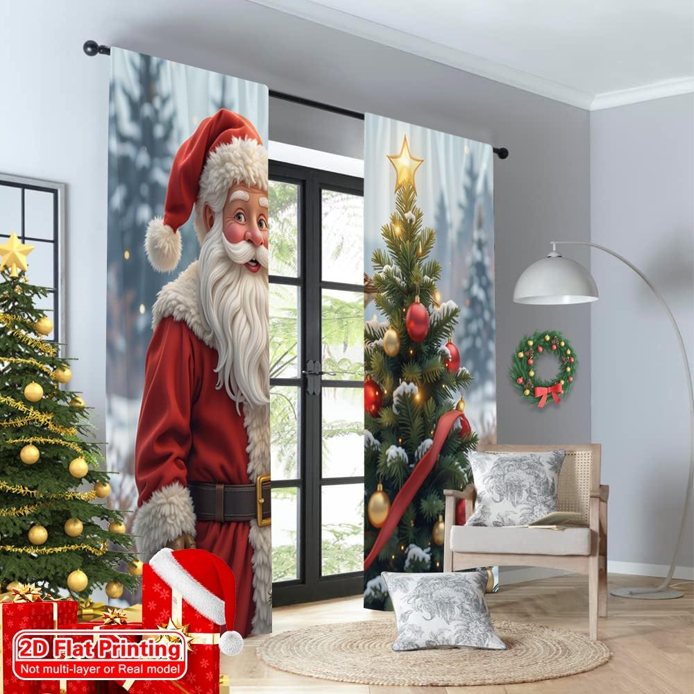 2pcs 2D Flat Printing Merry Christmas Curtain Santa Bird Christmas Tree Snow Fabric Without Electricity Festive Wall Decor for