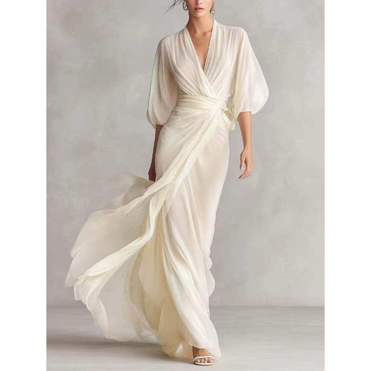 Women s Deep V Neck Lantern Sleeve Maxi Dress Slim Fit High Waist Elegant Solid Wrap Dress S белый