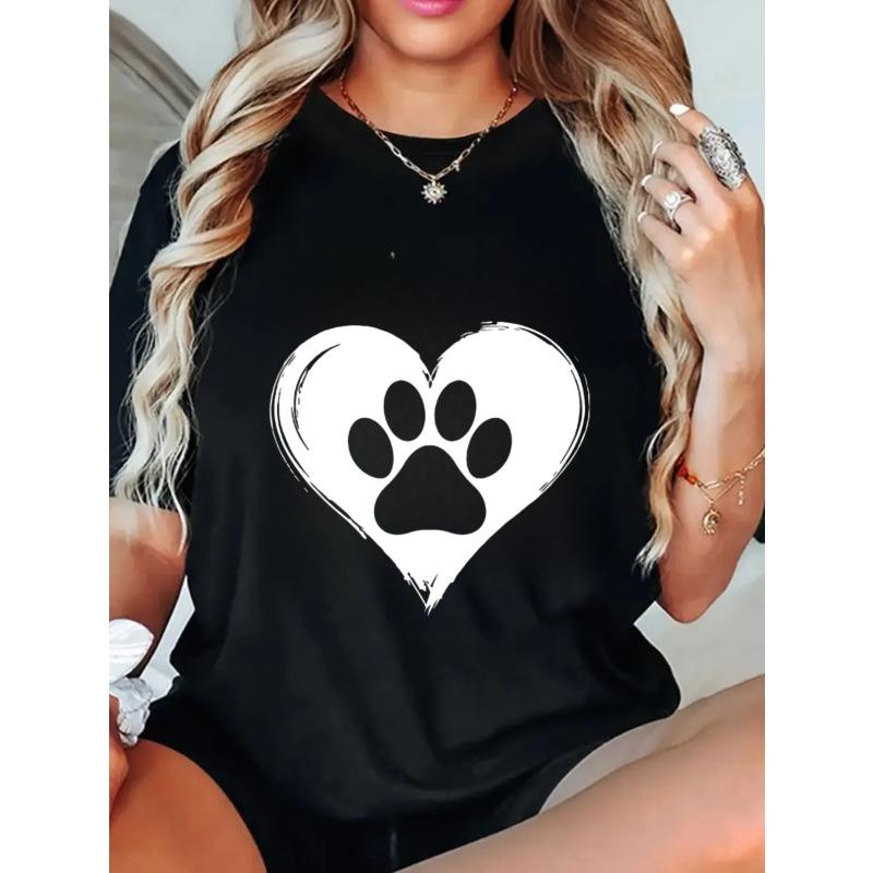 Black Oversized T-Shirt With Heart Paw Print Design For Casual Wear And Pet Lovers