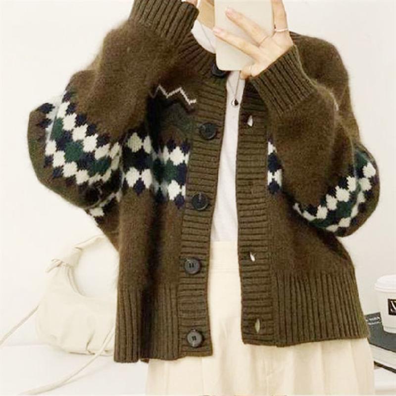 Korean vintage print loose sweaters outer wear spring autumn women's clothing knitted cardigan top sweater cardigan jacket women