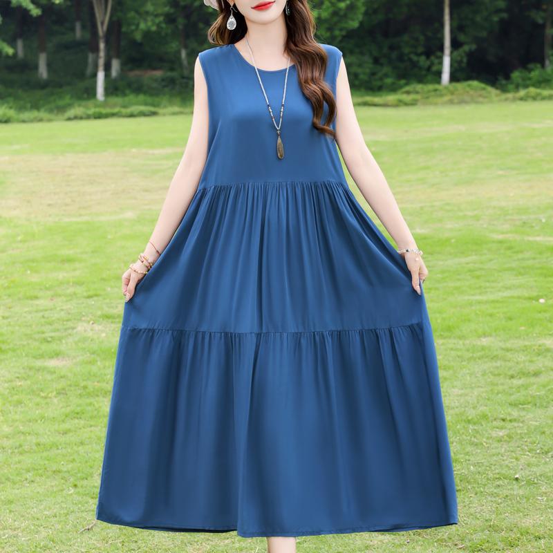 Elegant Sleeveless Dress for Women Plus Size Loose Vintage Print Long Dress Summer Middle-aged Women's Clothing