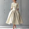 Elegant Women's Midi Dress with Waist Belt and Flared Skirt Classic Round Neck Half Sleeve Formal Wear for Various Occasions