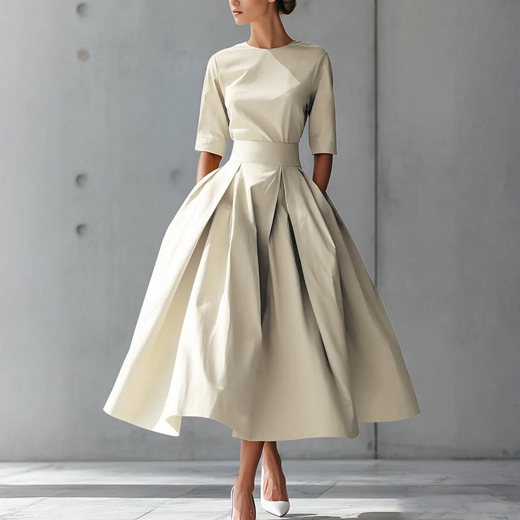 Elegant Women's Midi Dress with Waist Belt and Flared Skirt Classic Round Neck Half Sleeve Formal Wear for Various Occasions