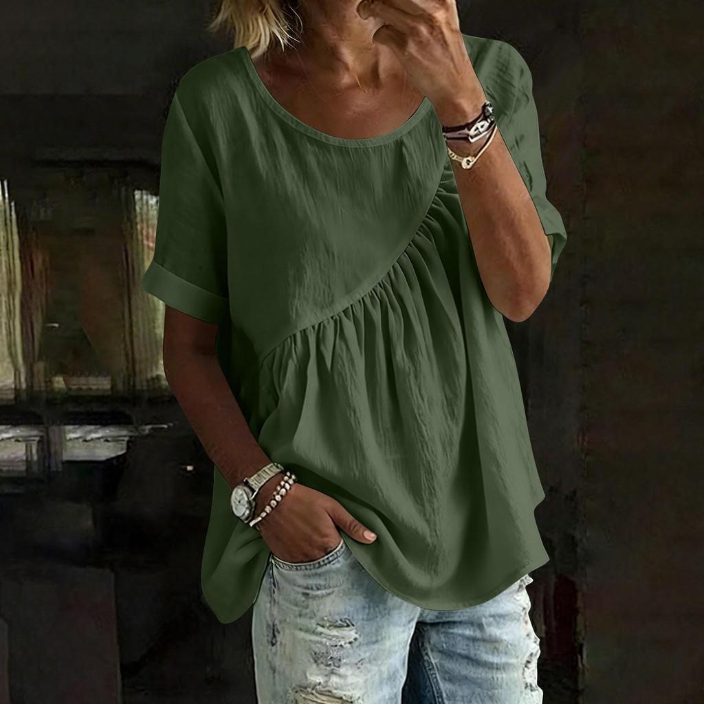 Women's Loose Fit Round Neck Short Sleeve Gathered T-Shirt Casual Summer Top