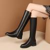 Krazing Pot Cow Leather Autumn Winter Shoes Thick Med Heels Big Size 45 Size 44 Zipper Decoration Concise Style Women Keep Warm Knee Boots