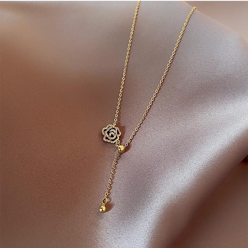 New Fashion Elegant Black Camellia Necklace for Women Girls Korean Sweet Flower Necklace Party Zircon Accessories