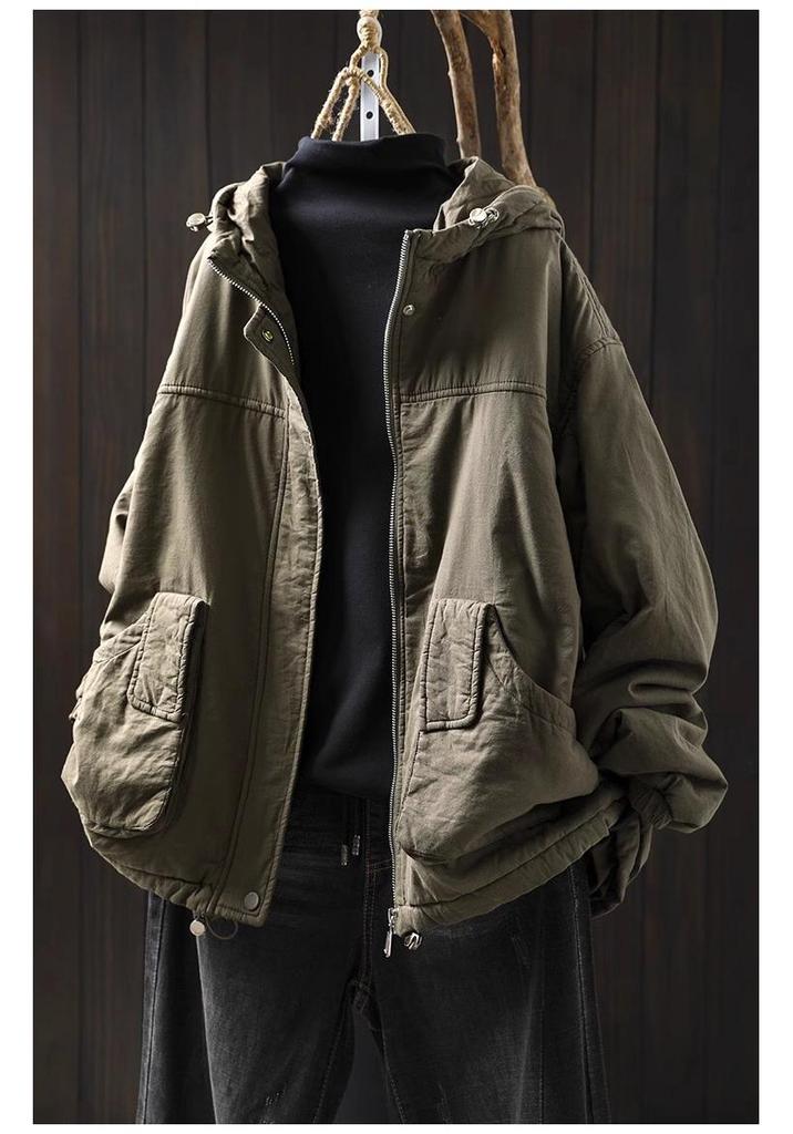 Women's Retro Casual Quilted Cotton Jacket with Hood, Large Pockets, Lightweight, Loose Fit, Plus Size, Winter Warm Outerwear.