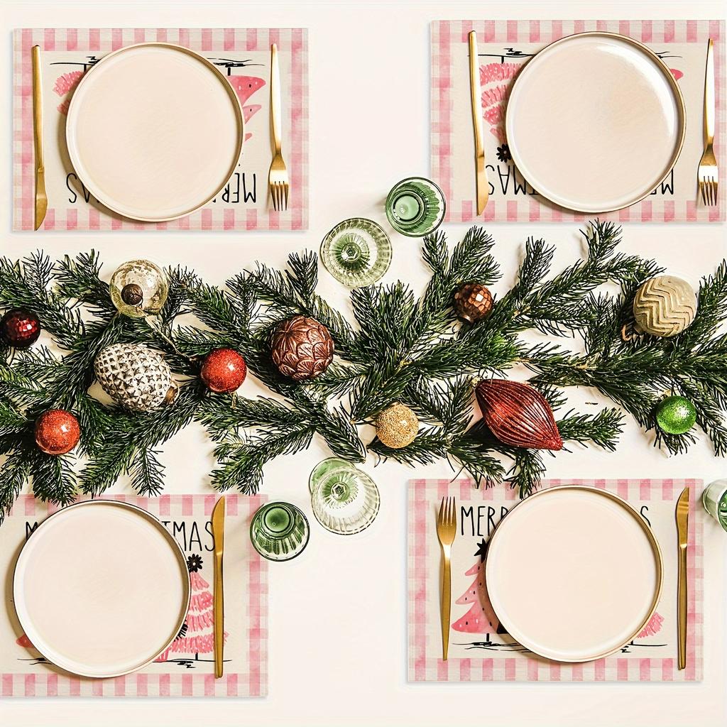 Christmas Placemats Set of 4, Machine Washable Linen Table Mats, Woven Rectangular Holiday Dining Decor, Festive Pink Checkered Christmas Tree Design