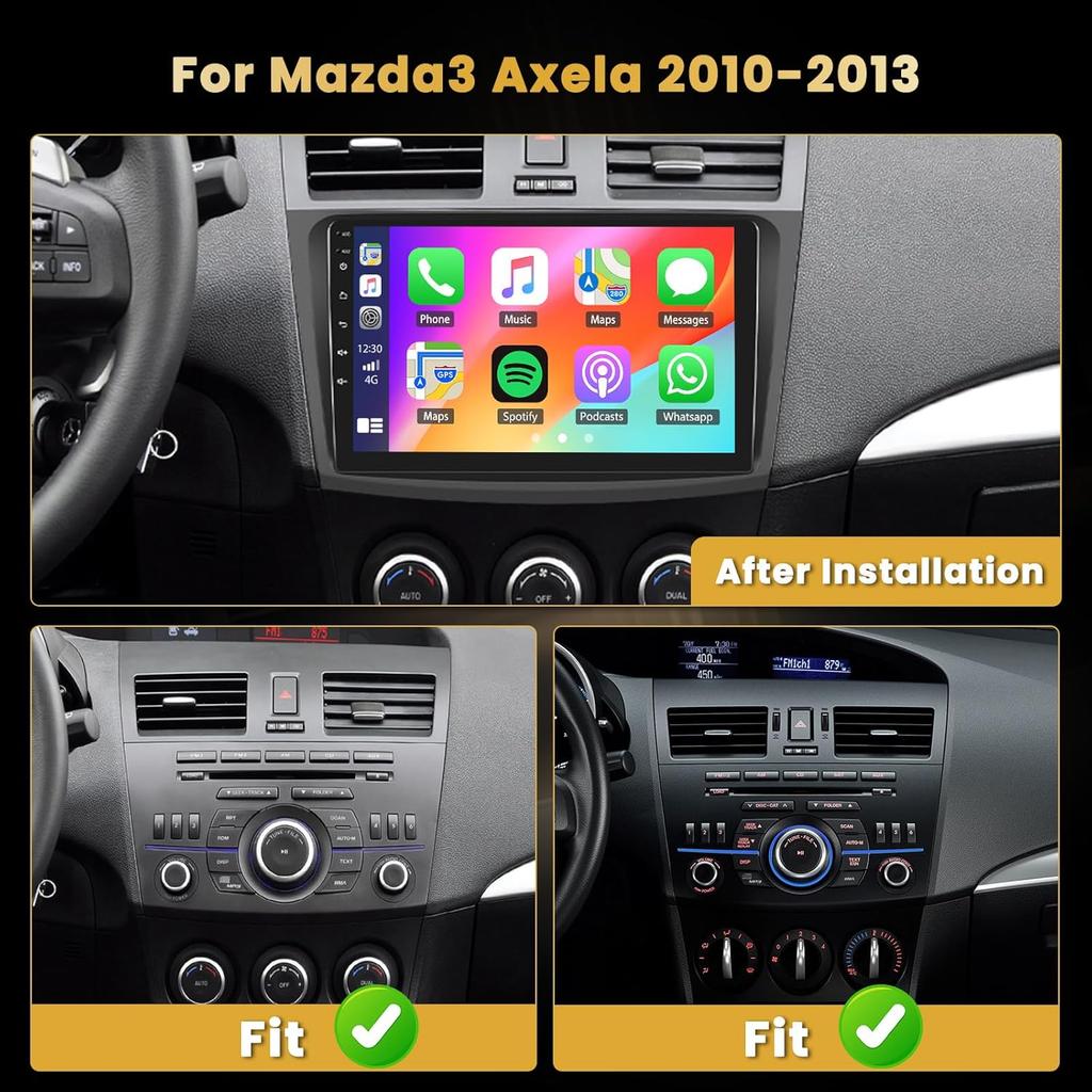 8-Core 4+64GB Android Car Stereo for Mazda 3 2010-2013, 9' IPS Touchscreen with CarPlay, Android Auto, GPS, WiFi, Bluetooth, DSP