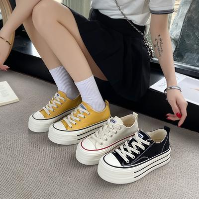 Fashionable Thick-soled Height-increasing Sneakers for Women, Spring/Autumn 2025 New Low-top Canvas Lace-up Casual Women's Shoes