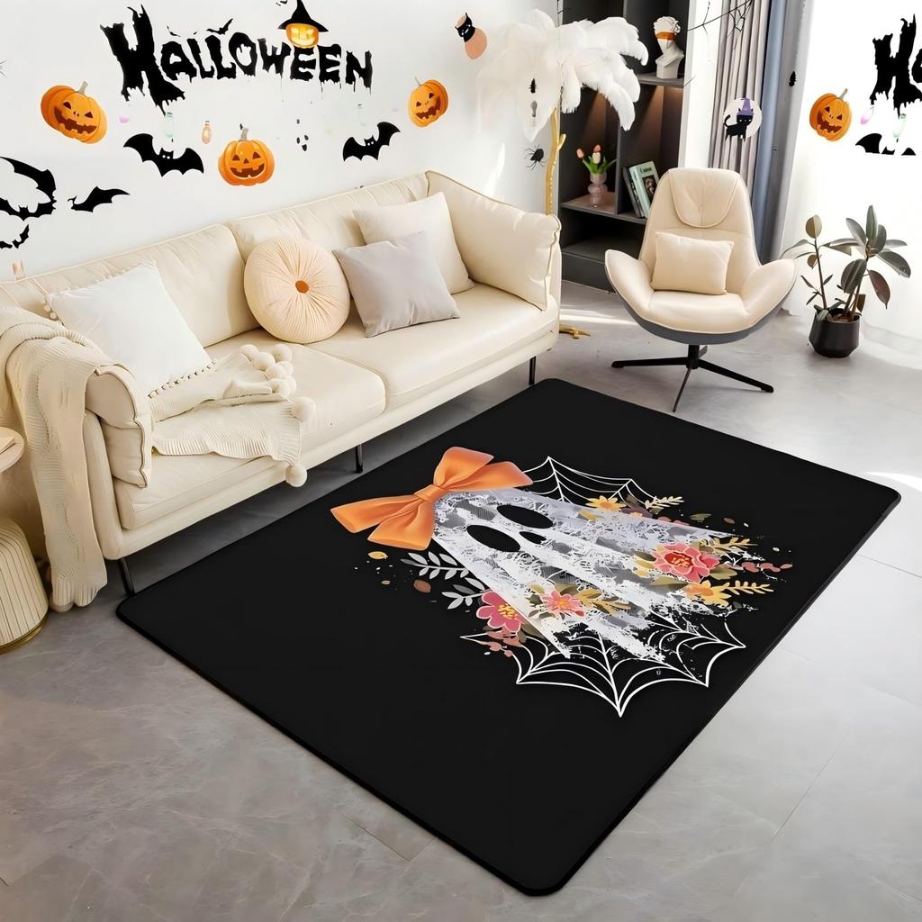 Halloween Bats Area Rug 3x5, Boho Vintage Floral Rugs for Living Room Gothic Damask Washable Rug, Antique Decor Goth Silhouette Dark Shadows
