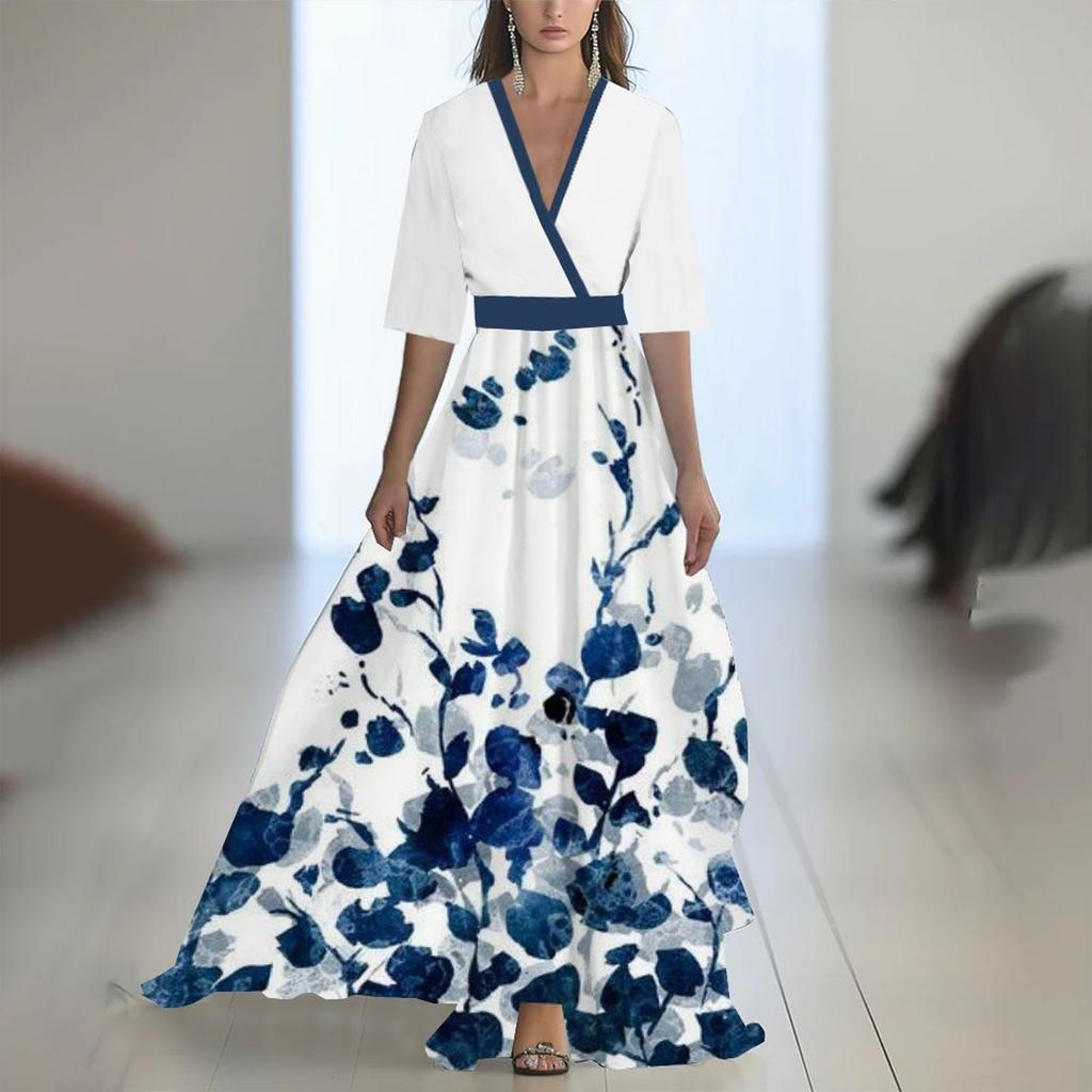 Ladies' Casual And Fashionable Solid Color Printed Patchwork V-neck Long  Dress