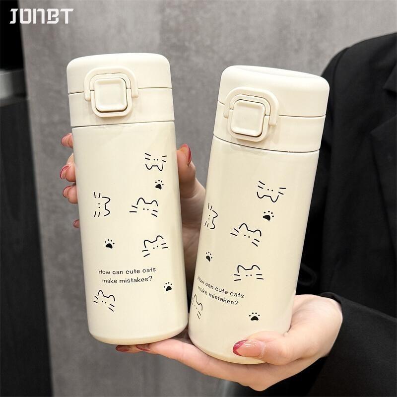 Simple Cute Cat Thermos Water Bottle with Straw Portable Stainless Steel Thermal Cup For Girl Kids Students Leak-proof Drinkware