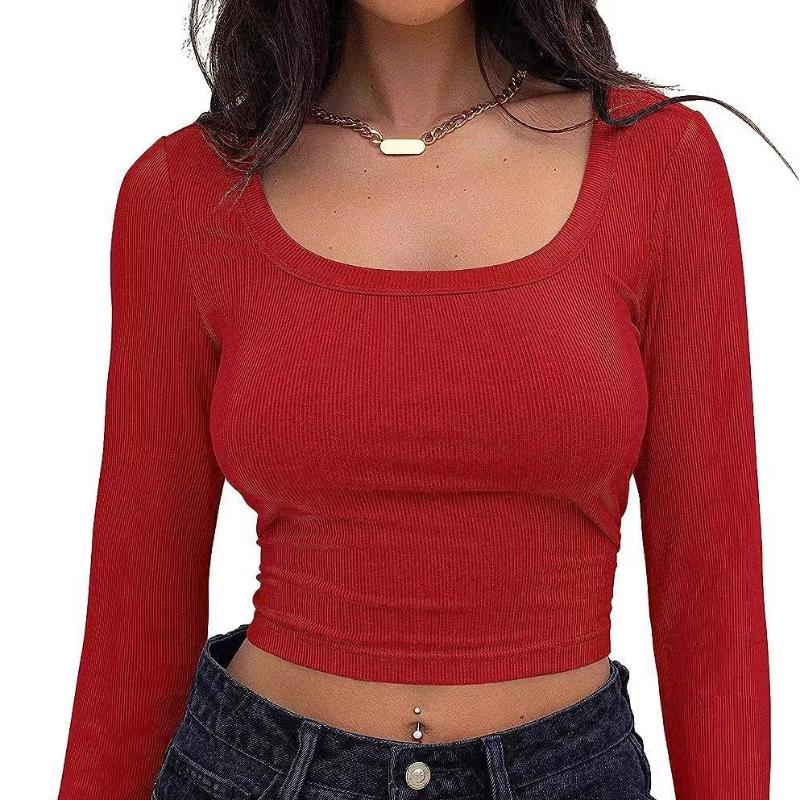 Women's Threaded Slim Fit Long Sleeve Square Neck T-shirt for Women S-XL Belly Button Top