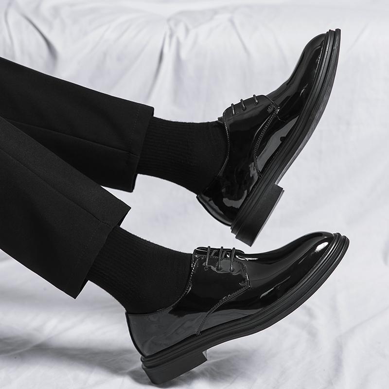 Casual leather shoes summer patent leather glossy small leather shoes black lace-up business dress groom wedding trendy shoes