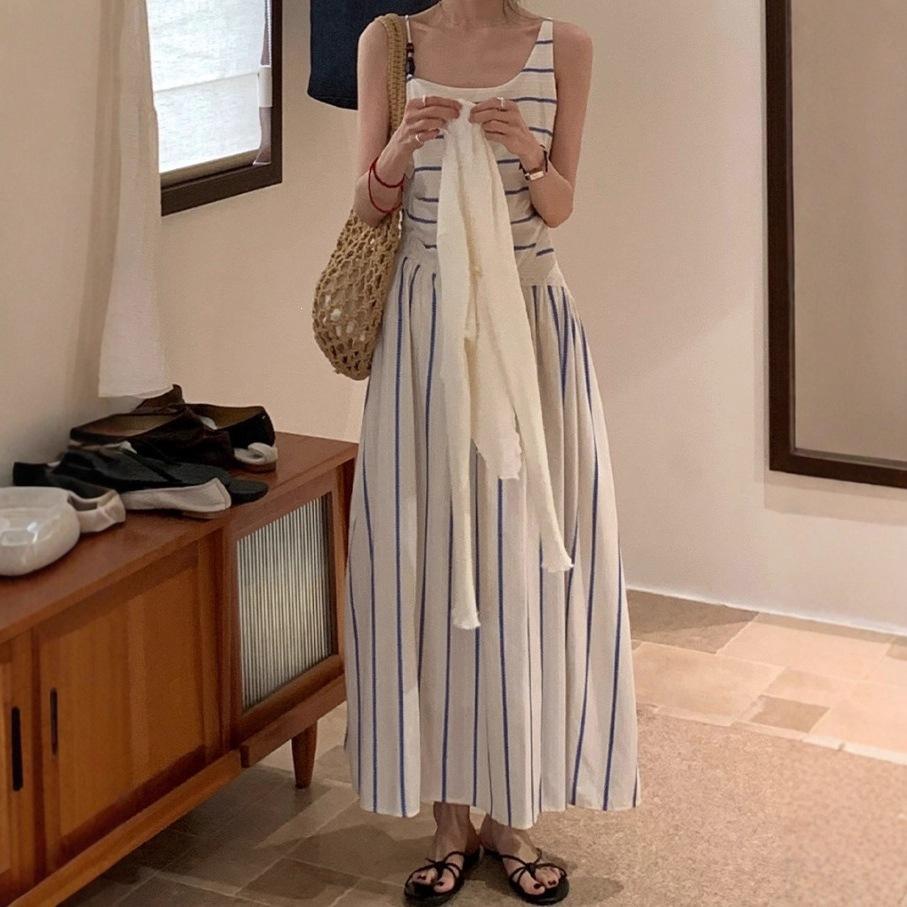 Blue striped suspender dress children summer seaside vacation irregular hollow splicing waist vest long dress