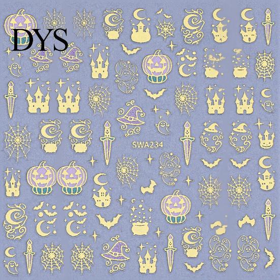 Holiday Nail Stickers Halloween 3D Art Stickers, Metallic Golden Pumpkin Ghost Spider Web DIY Supplies Witch Hat Decals, Self-Adhesive Manicure