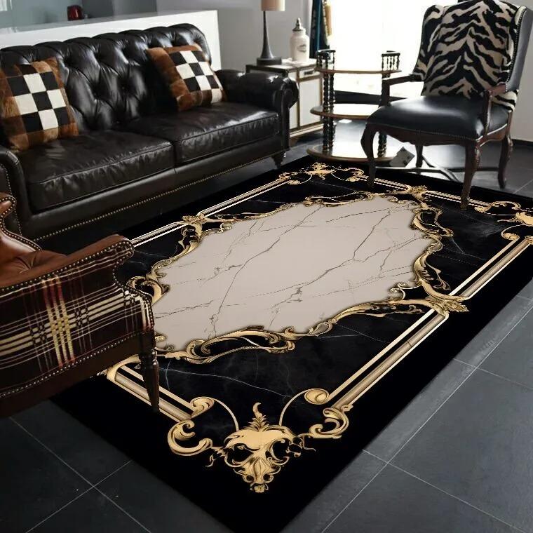 Black Gold Classical Carpets for Living Room Home Luxury Large Area Rugs Bedroom Decor Bathroom Anti-skid Washable Floor Mat