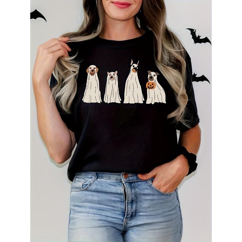 

Women S Ghost Dog Halloween T-Shirt - Black Casual Crew Neck with Pumpkin & Bats Design, Fall Seasonal Tee for Halloween, M чорний