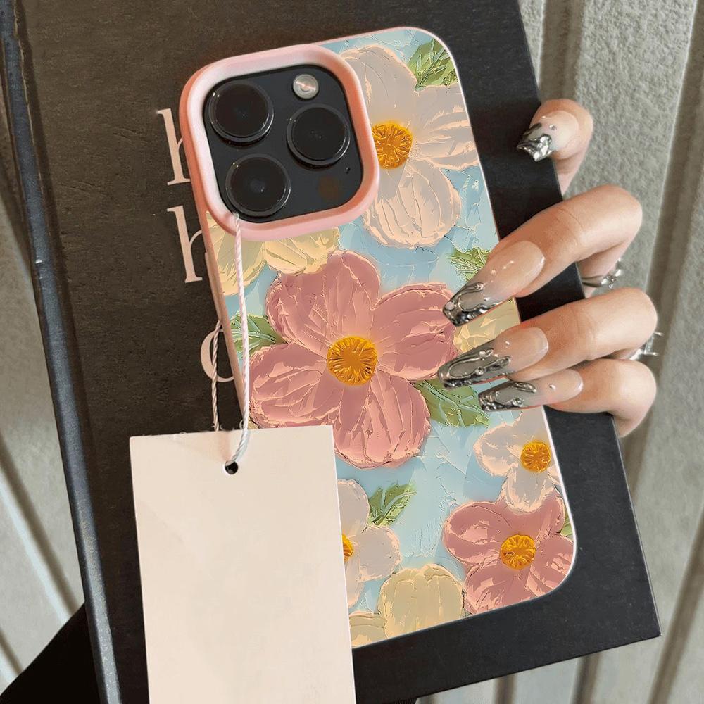 HOT Oil Painting Flowers Luxury Lichee Leather Pattern Phone Case For iPhone 17 16 15 14 13 12 11 Air Pro Max Plus X XR XSMax