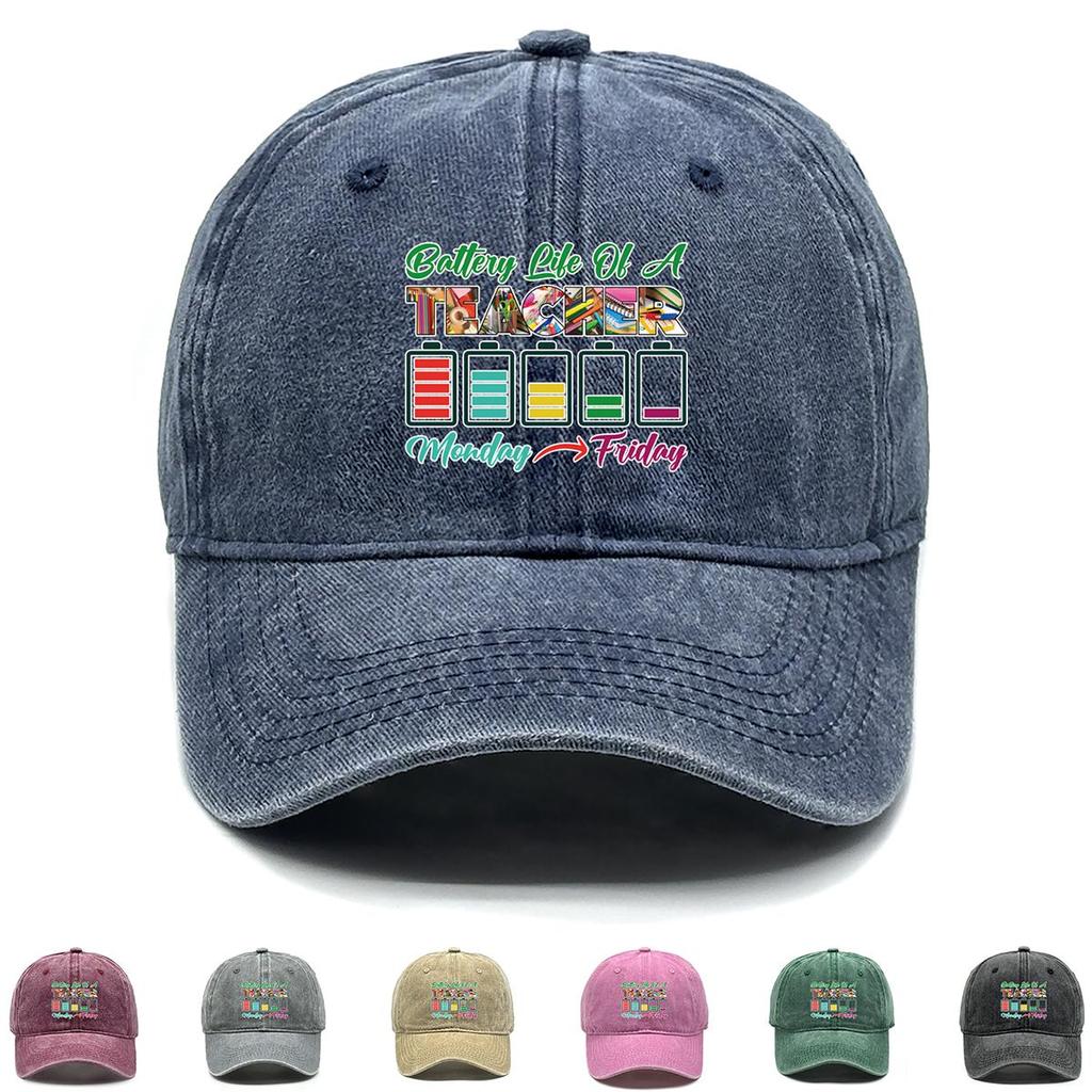 Battery Life Of A TEACHER" Print Adjustable Sun Hat, "Monday-Friday" Flat Cap Retro Non-Stretch Fabric Unisex Breathable Snapback Baseball Hat