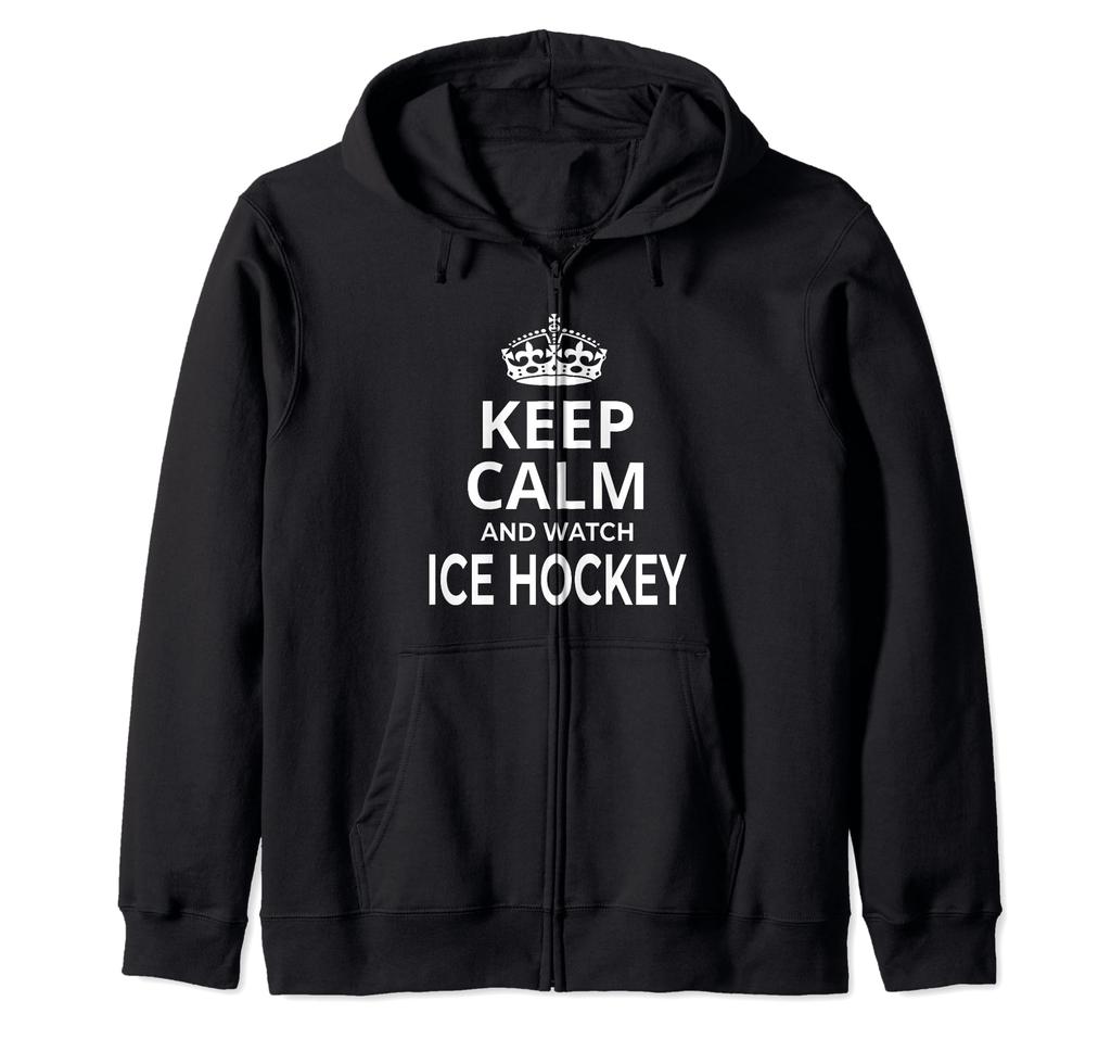 Ice Hockey Players Trainers Design Keep Calm And Watch Zip-Up Hoodie Funny Slogan Sweatshirt Cotton Blend Team Apparel Heather Gray