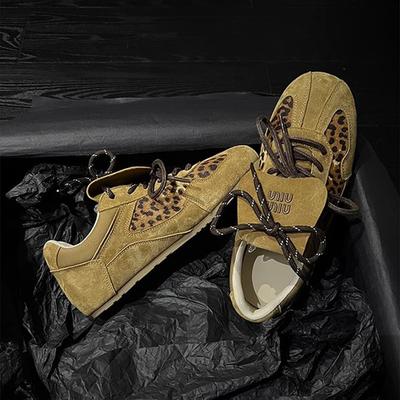 Cowhide Version~ Genuine Leather Horse Hair Miu Fengde Training Shoes Women's Thick-soled Round Head Lace-up Casual Sports Shoes Forrest Gump Board Sh