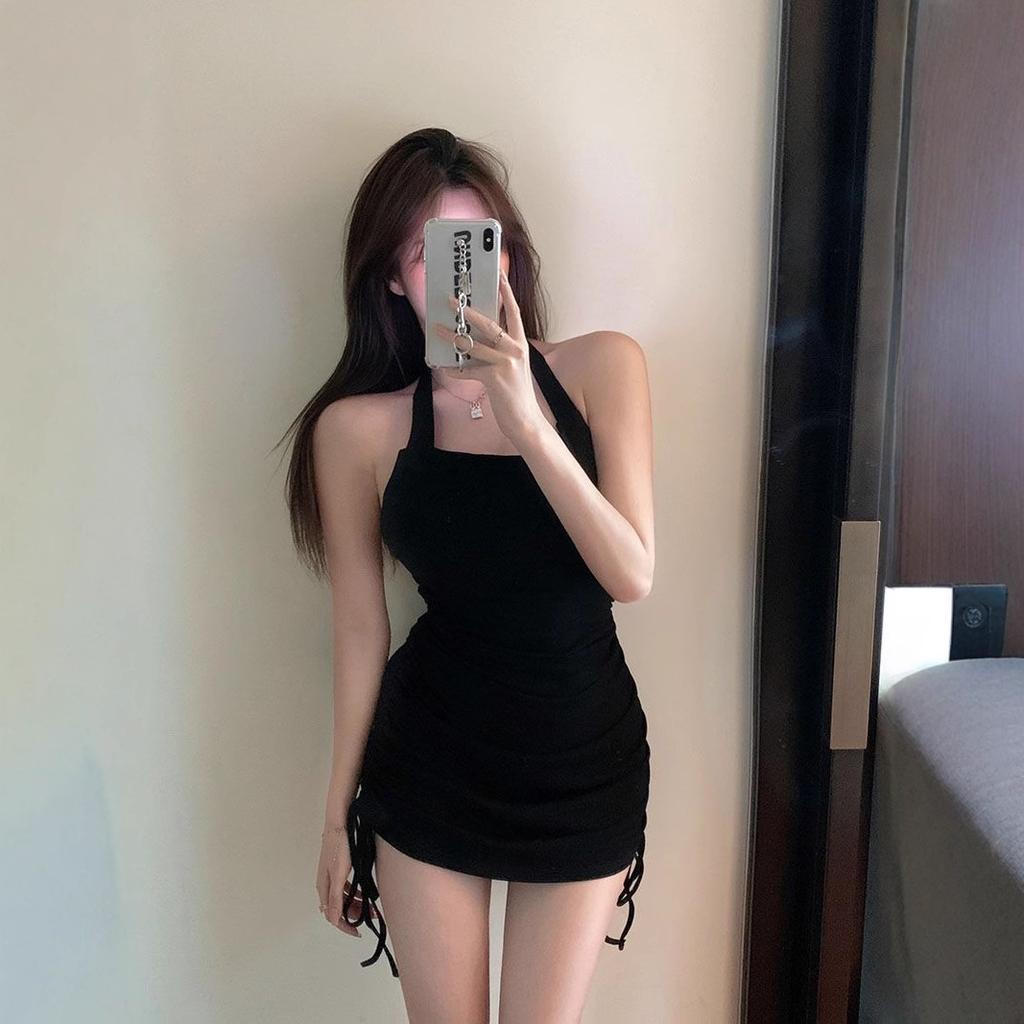 Pure Desire Style Retro Spice Girl Drawstring Hanging Neck Suspender Dress Women's Summer Thin Sexy Dancing Hip Wrap Short Skirt Tide