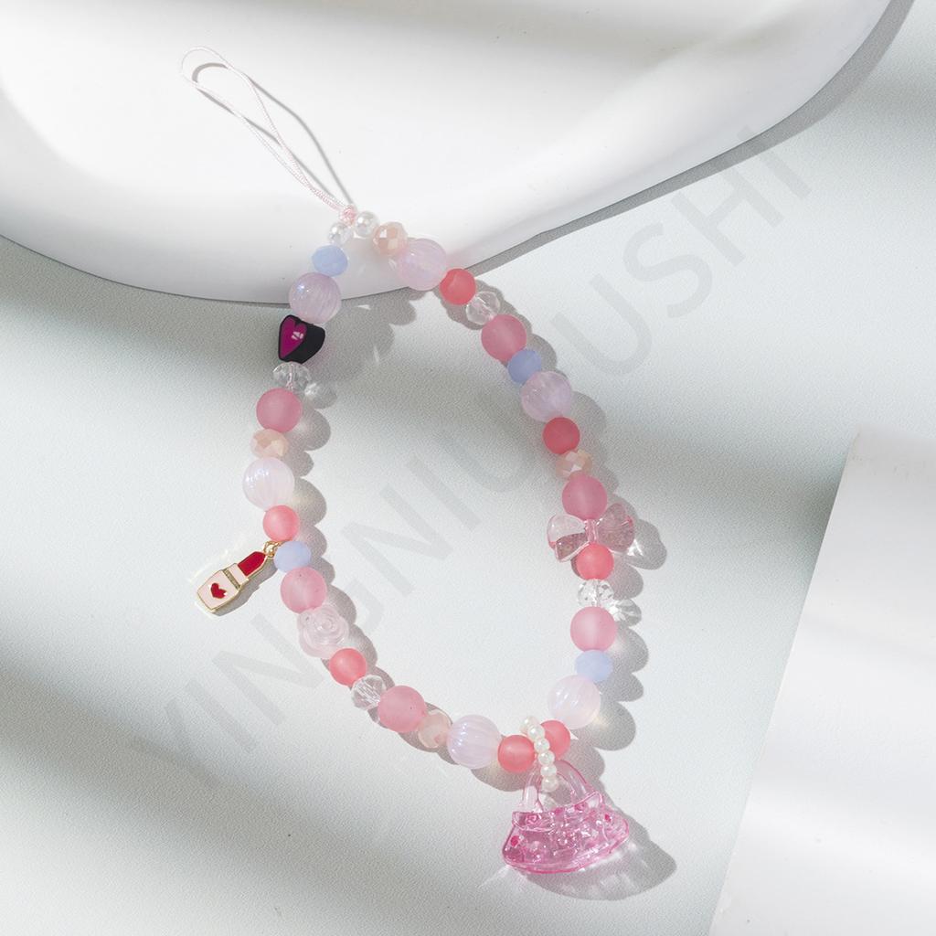 Personalized girl pink beaded mobile phone chain niche cute sweet mobile phone case pendant