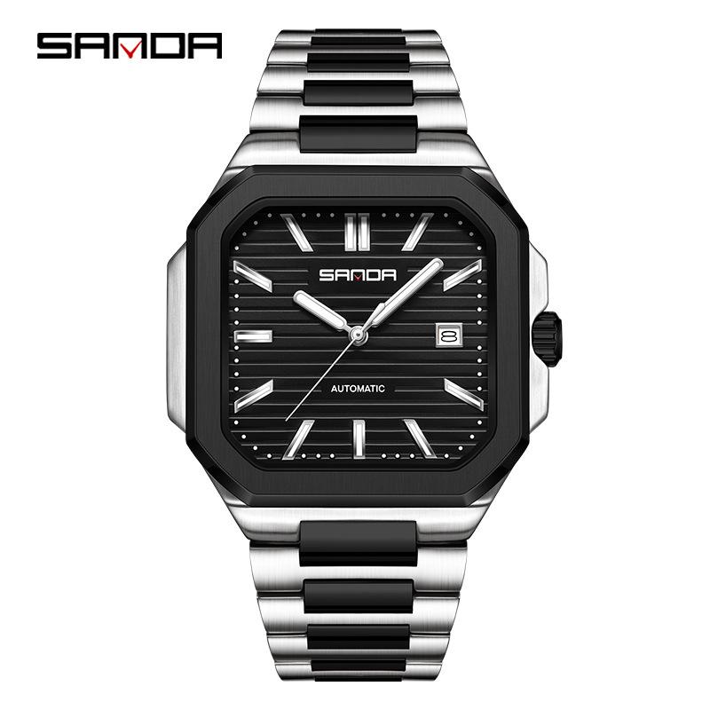 Sanda Herren Quadratische Mechanische Uhr, Schlichtes Design, Kalender, Wasserdicht, Massives Stahlarmband, Business-Stil