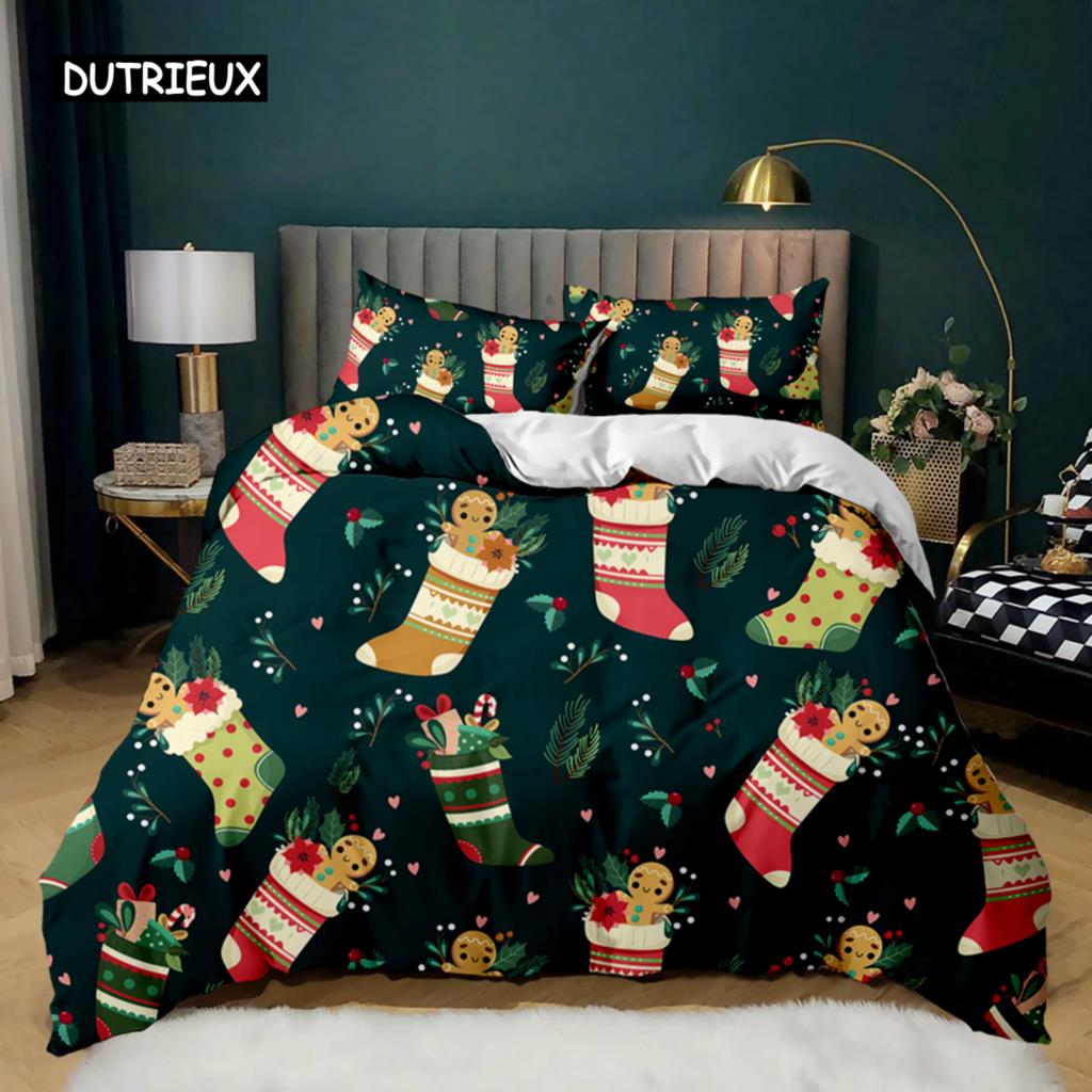 Christmas Duvet Cover Merry Christmas Tree Stockings Green Background Twin Bedding Set Double Queen King Polyester Qulit Cover
