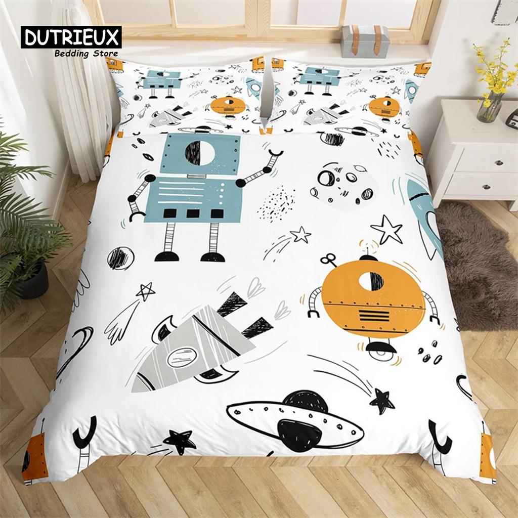 Robot Duvet Cover Set Cartoon Space Robot Bedding Set Patchwork Transformer Futuristic Machine Comforter Cover Twin Full For Boy