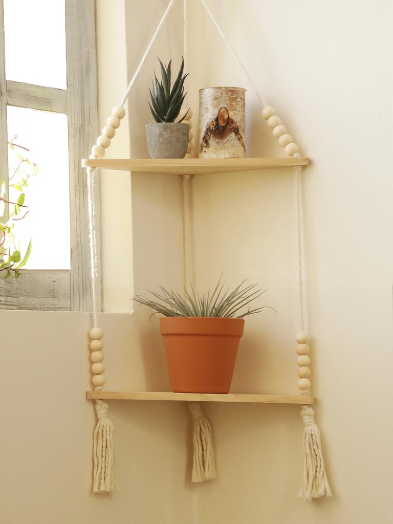 1/2/3-Layers Corner Shelf Wood Display Stand Boho Home Decoration Pastoral Style Macrame Handmade Floating Shelves Living Room