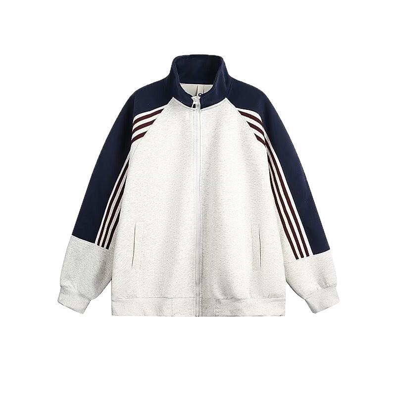 Mens Retro Stripe Color-Block Stand Collar Zip-Up Hoodie Jacket Fall Casual Loose Fit Sweatshirt