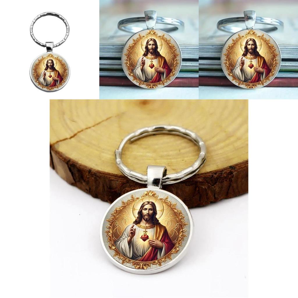 Contemporary Heart Jesus Pendant Glass Keyring With Alloy Material For Celebration And Holiday Gifts