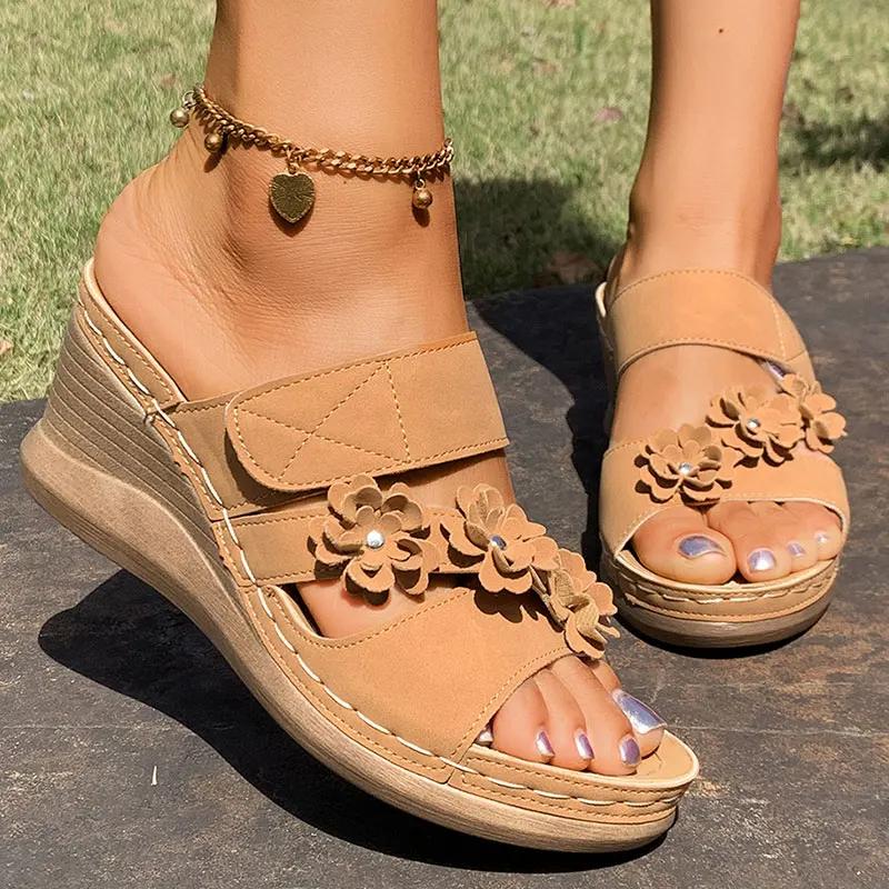 Women's Retro Flower Decor Wedges Sandals Plus Size Comfort Non Slip Beach Slippers Thick Sole Chunky Platform Roman Sandals