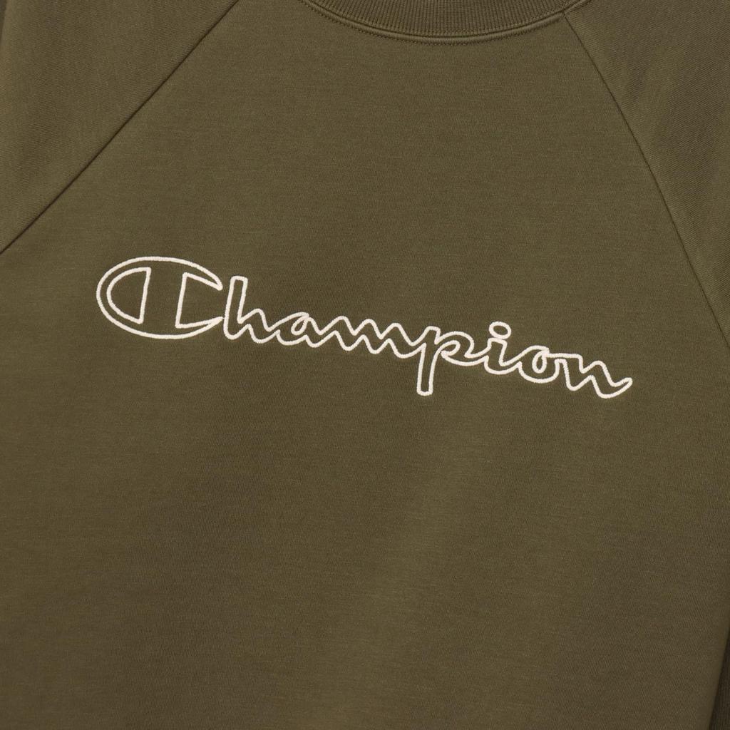 Champion Long Sleeve Crew Relax Script Terry Crew Neck Size L Techweave® T-Shirt, Neck, Fit, Stretch, Quick-Drying, Logo, Sweatshirt, Women's, Olive,