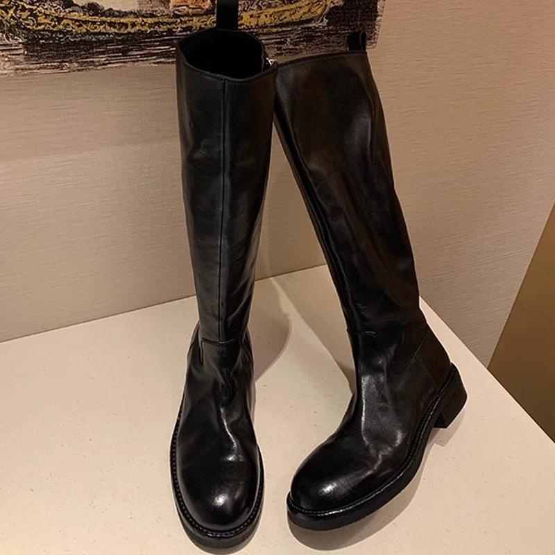 

Виноградная мать новая модель, вымытая лошадиная кожа внутри и снаружи, толстый каблук, ботинки на толстой подошве, боковая молния, простые и тонкие рыцарские ботинки для женщин 37