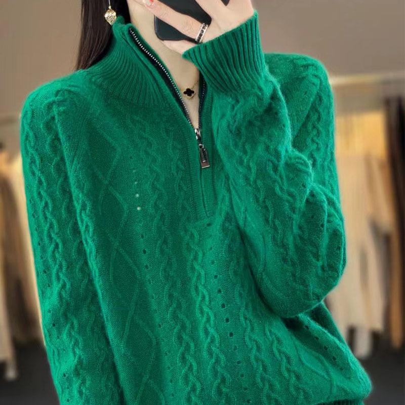 Autumn-Winter High Neck Women's Zipper Pullover Sweater - Loose Knit Long Sleeve Top