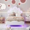 Letto Matrimoniale Piatto 90*200cm, Letto Principessa a Forma di Corona, Rivestimento Morbido in Ecopelle PU, Striscia LED Ambientale Regolabile, Bianco