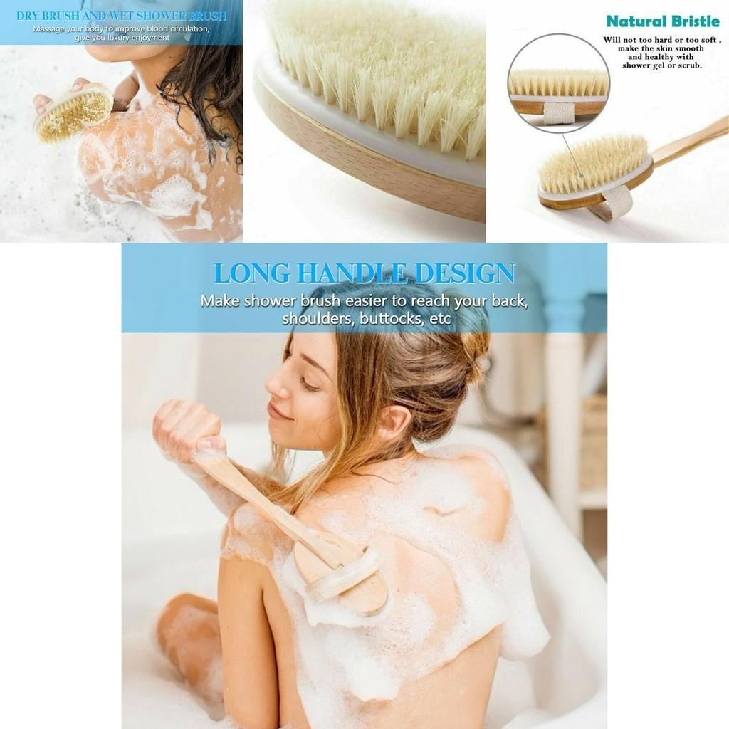 Luxurious Natural Bristle Shower Back Scrubber With Long Wooden Handle For Smooth Skin