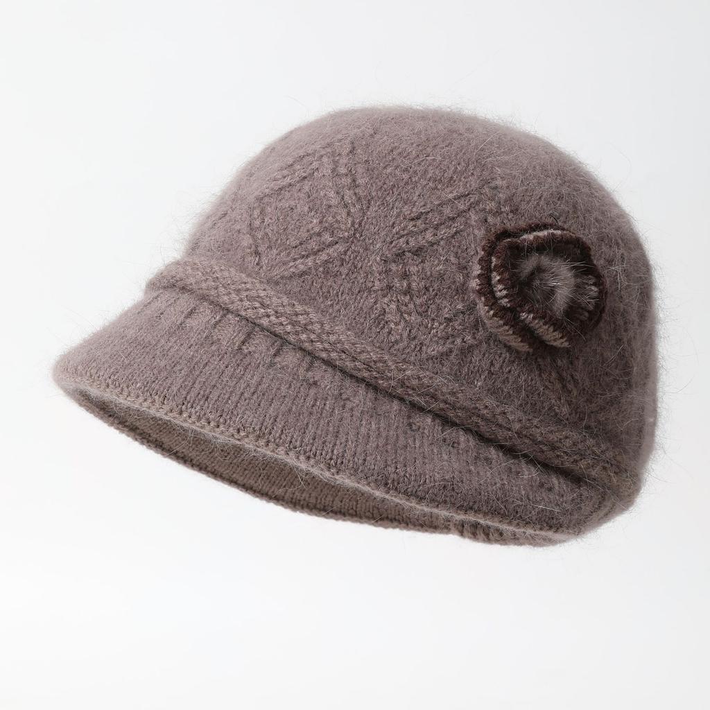 Thickened Rabbit Hair Knit Rabbit Hair Hat for Female Middle Aged and Elderly Grandmother Mothers Versatile and Fashionable Ear Protection Basin Hat