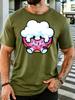 Cute Cartoon Hiding In Pink Donut Unisexs Front Print T Shirt Sweet Dessert Graphic Tee Casual Short Sleeve Top Food Lover Gift